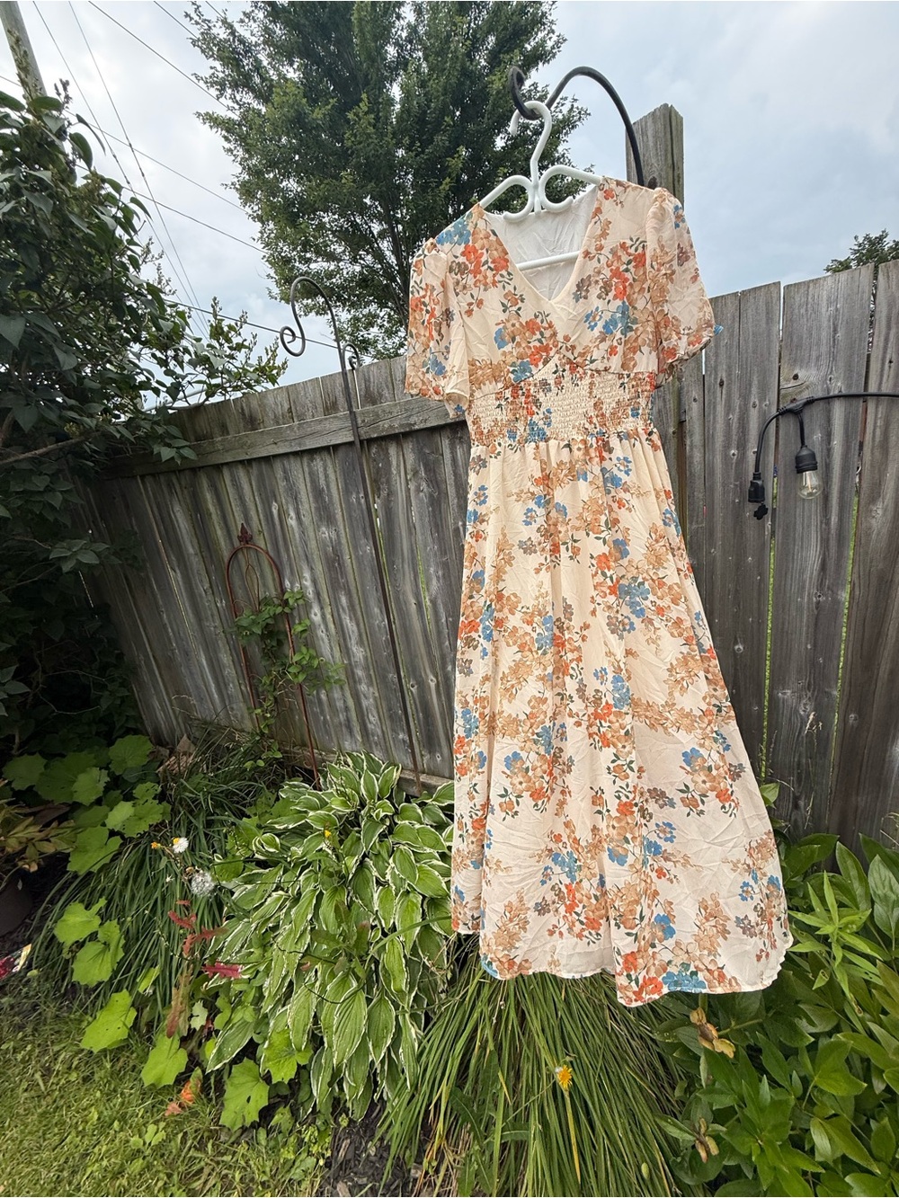 Vintage Floral Maxi Dress with Blue & Orange Accents